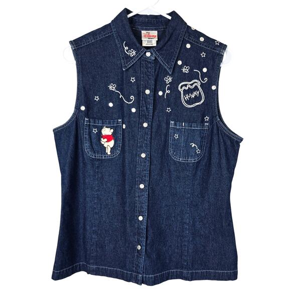 Winnie the Pooh Denim Shirt Women's L Embroidered Disney Nostalgia Hunny Pot - Picture 1 of 8
